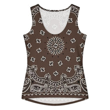 Load image into Gallery viewer, Melodia Gallery women's brown cotton-elastane blend tank top with bandana print and scoop neck.
