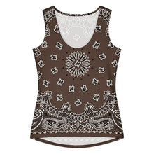 Load image into Gallery viewer, Melodia Gallery brown cotton-elastane blend women's tank top with bandana print and scoop neck.
