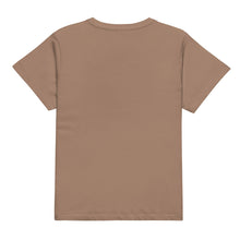 Load image into Gallery viewer, Melodia Gallery brown 100% cotton crew neck t-shirt with a longline fit and blind stitched hem and sleeves.
