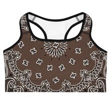 Load image into Gallery viewer, Melodia Gallery brown paisley print sports bra with black trim and racerback design.
