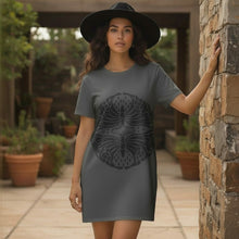 Load image into Gallery viewer, Melodia Gallery charcoal grey 100% cotton t-shirt dress with a black Art Nouveau butterfly graphic.
