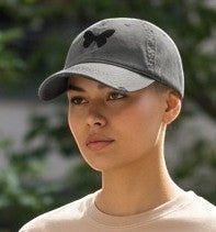 Load image into Gallery viewer, Melodia Gallery black butterfly embroidered distressed grey cotton dad hat with adjustable strap.

