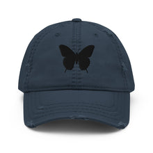 Load image into Gallery viewer, Melodia Gallery navy distressed cotton dad hat with black butterfly embroidery. Adjustable strap, fits most.
