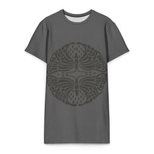 Load image into Gallery viewer, Melodia Gallery dark grey cotton-elastane blend t-shirt dress with a vintage art nouveau butterfly print.
