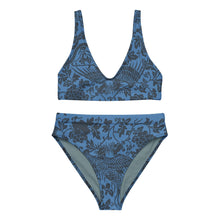 Load image into Gallery viewer, Melodia Gallery Celestial Slate blue recycled high-waisted bikini set with a dark grey floral and phoenix print.
