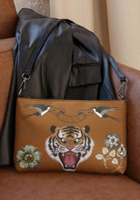 Load image into Gallery viewer, Melodia Gallery cognac faux leather crossbody bag with vintage Minhwa tiger, swallows, and floral art. Converts to clutch.
