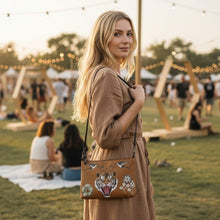 Load image into Gallery viewer, Melodia Gallery cognac faux leather crossbody bag with vintage Minhwa tiger, swallows, and floral art design.
