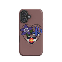 Load image into Gallery viewer, Melodia Gallery Colorado columbine flower and flag heart design MagSafe tough iPhone case. Purple and blue flowers.
