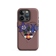 Load image into Gallery viewer, Melodia Gallery Colorado columbine flower and flag heart design MagSafe tough iPhone case. Matte finish.
