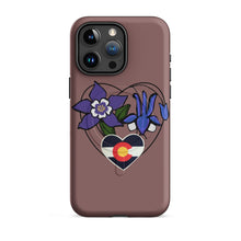 Load image into Gallery viewer, Melodia Gallery Colorado columbine flower and flag heart design MagSafe tough iPhone case, matte finish, purple and blue floral art.
