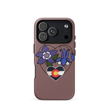 Load image into Gallery viewer, Melodia Gallery Colorado Love MagSafe tough case for iPhone featuring purple columbine flowers and Colorado flag heart.
