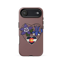 Load image into Gallery viewer, Melodia Gallery Colorado Love iPhone case with purple columbine flowers and Colorado flag heart design. Matte finish.

