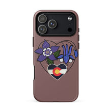 Load image into Gallery viewer, Melodia Gallery Colorado Love MagSafe tough case for iPhone with columbine flowers and state flag design. Purple and blue flowers inside a heart outline.
