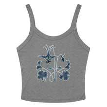 Load image into Gallery viewer, Melodia Gallery grey 100% cotton micro-rib tank top with a blue Art Nouveau columbine floral graphic.

