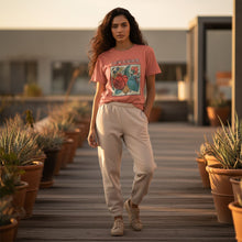Load image into Gallery viewer, Melodia Gallery coral cotton t-shirt with a vintage Art Nouveau floral print featuring roses and butterflies.
