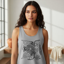 Load image into Gallery viewer, Melodia Gallery grey 100% cotton tank top with vintage art nouveau bird and blossom graphic print.
