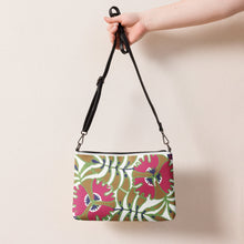 Load image into Gallery viewer, Melodia Gallery Passionflower Art Nouveau Crossbody Bag in faux leather with pink floral print and dark gray hardware.
