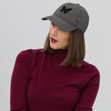Load image into Gallery viewer, Melodia Gallery distressed charcoal cotton dad hat with black butterfly embroidery. Adjustable strap, fits most.
