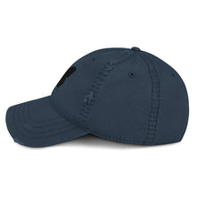 Load image into Gallery viewer, Melodia Gallery distressed navy blue cotton dad hat with black butterfly embroidery. Adjustable strap, summer sun hat.
