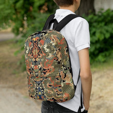 Load image into Gallery viewer, Melodia Gallery backpack with intricate twin dragon and cloud pattern in vermillion, jade, and gold. Water-resistant polyester.
