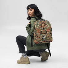 Load image into Gallery viewer, Melodia Gallery backpack with twin dragons and clouds in vermillion, jade, and gold. Water-resistant polyester.
