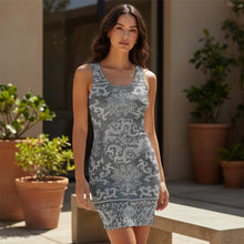 Load image into Gallery viewer, Melodia Gallery Dragon Lotus Cotton Bodycon Dress, a sleeveless grey and white patterned dress made from a cotton-elastane blend.
