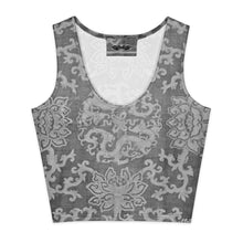 Load image into Gallery viewer, Melodia Gallery Dragon Lotus Cotton Crop Top in grey with a vintage-inspired print. Made from a cotton-elastane blend.

