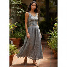 Load image into Gallery viewer, Melodia Gallery Dragon Lotus Cotton Crop Top in grey with a vintage-inspired pattern. Made from a cotton-elastane blend.
