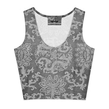 Load image into Gallery viewer, Melodia Gallery Dragon Lotus Cotton Crop Top, grey and white damask print, scoop neck, sleeveless, form-fitting silhouette.
