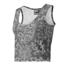Load image into Gallery viewer, Melodia Gallery Dragon Lotus Cotton Crop Top with a vintage damask pattern in grey and white. Sleeveless, scoop neck, form-fitting silhouette.
