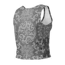 Load image into Gallery viewer, Melodia Gallery Dragon Lotus Cotton Crop Top in grey with a vintage damask pattern. Sleeveless, form-fitting silhouette.
