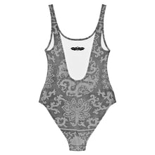 Load image into Gallery viewer, Melodia Gallery Dragon Lotus one-piece swimsuit with scoop neckline and low back. Grey patterned recycled polyester.
