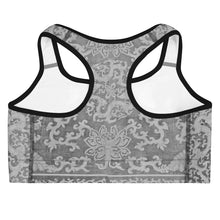 Load image into Gallery viewer, Melodia Gallery Dragon Lotus sports bra with racerback, scoop neckline, and wide elastic band. Moisture-wicking polyester and elastane.
