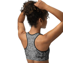 Load image into Gallery viewer, Melodia Gallery Dragon Lotus sports bra with racerback and wide elastic band, made from moisture-wicking fabric.
