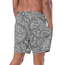 Load image into Gallery viewer, Melodia Gallery Men's Dragon Lotus recycled polyester swim trunks in grey with an elastic waistband and pockets.
