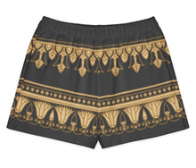 Load image into Gallery viewer, Melodia Gallery black 100% cotton shorts with gold Egyptian lotus pattern and elastic waistband.
