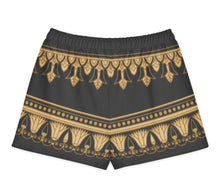 Load image into Gallery viewer, Melodia Gallery black 100% cotton shorts with gold Egyptian lotus pattern and elastic waistband.
