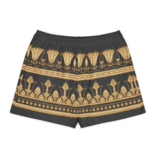 Load image into Gallery viewer, Melodia Gallery black and gold Egyptian lotus pattern 100% cotton shorts with elastic waistband.
