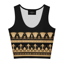Load image into Gallery viewer, Melodia Gallery black 100% cotton crop top with gold Egyptian lotus and papyrus border print.

