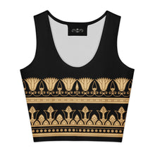 Load image into Gallery viewer, Melodia Gallery black 100% cotton crop top with gold Egyptian lotus and papyrus inspired border pattern.
