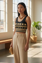 Load image into Gallery viewer, Melodia Gallery black 100% cotton crop top with gold Egyptian lotus pattern. Boho style.
