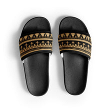 Load image into Gallery viewer, Melodia Gallery Egyptian Lotus women's black slides with gold lotus pattern on the strap. Faux leather.
