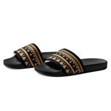 Load image into Gallery viewer, Melodia Gallery Egyptian Lotus women's black slides with gold patterned faux leather strap and textured footbed.
