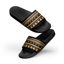 Load image into Gallery viewer, Melodia Gallery Egyptian Lotus women's black slides with gold Egyptian lotus pattern on the strap.
