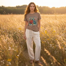 Load image into Gallery viewer, Melodia Gallery taupe 100% cotton t-shirt with a vintage Art Nouveau floral and butterfly print. Crew neck, longline fit.
