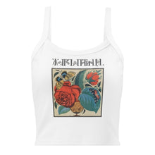Load image into Gallery viewer, Melodia Gallery white 100% cotton micro-rib tank top with vintage floral and butterfly graphic print.

