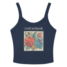 Load image into Gallery viewer, Melodia Gallery navy blue 100% cotton micro-rib tank top with vintage floral and butterfly graphic print.
