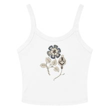 Load image into Gallery viewer, Melodia Gallery white micro-rib cotton crop tank top with vintage floral graphic print.

