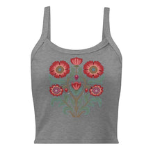 Load image into Gallery viewer, Melodia Gallery grey 100% cotton micro rib crop tank with vintage floral folk art graphic

