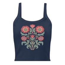 Load image into Gallery viewer, Melodia Gallery navy blue 100% cotton micro rib crop tank with vintage floral folk art graphic.
